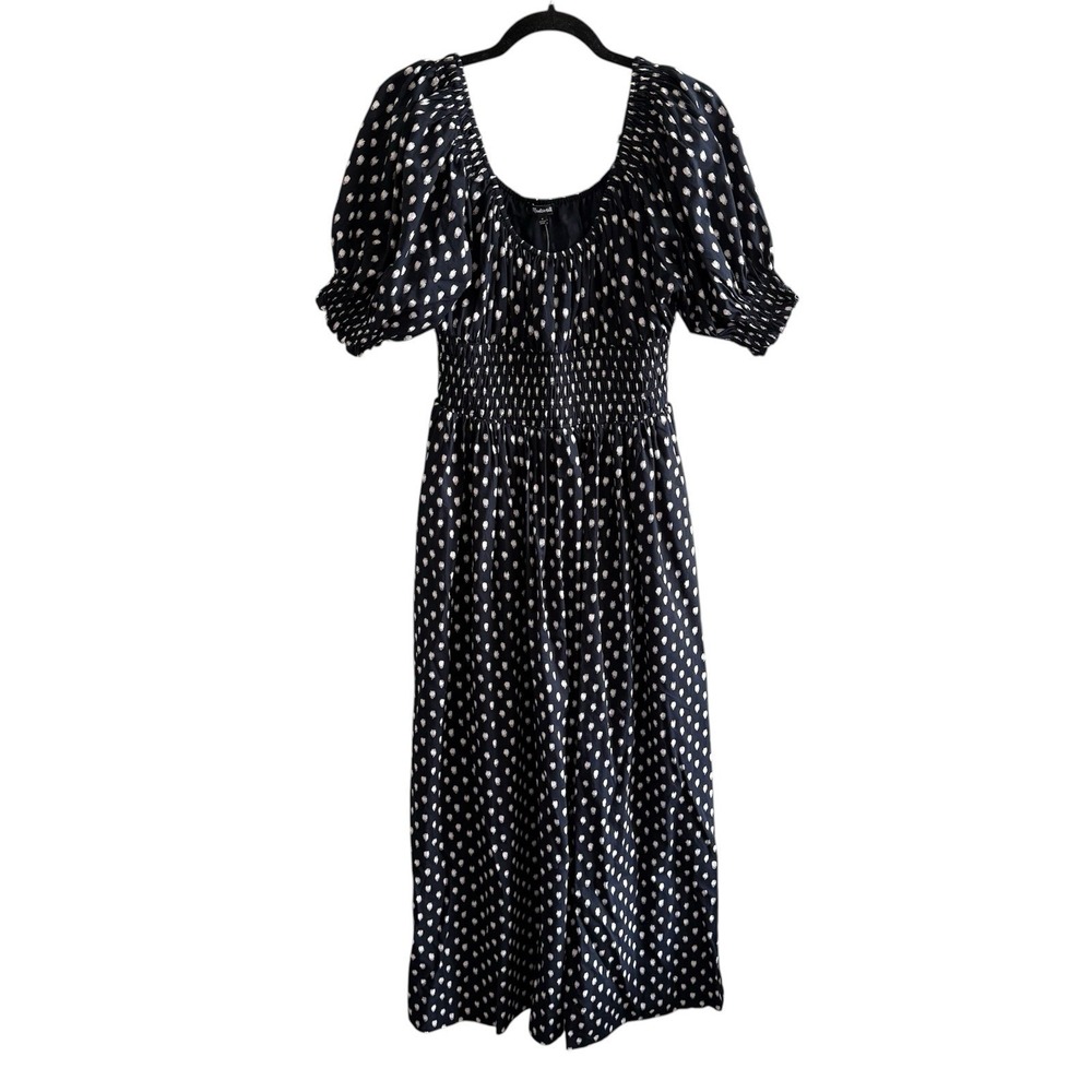Madewell Black White Polka Dot Smocked Puff Sleeve Scoop Neck Midi Dress 4 NEW